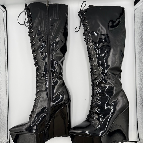 Shoes - Black Pointed Platform Lace Up Zip Side Knee High Whimsigoth Goth Punk Boot 10